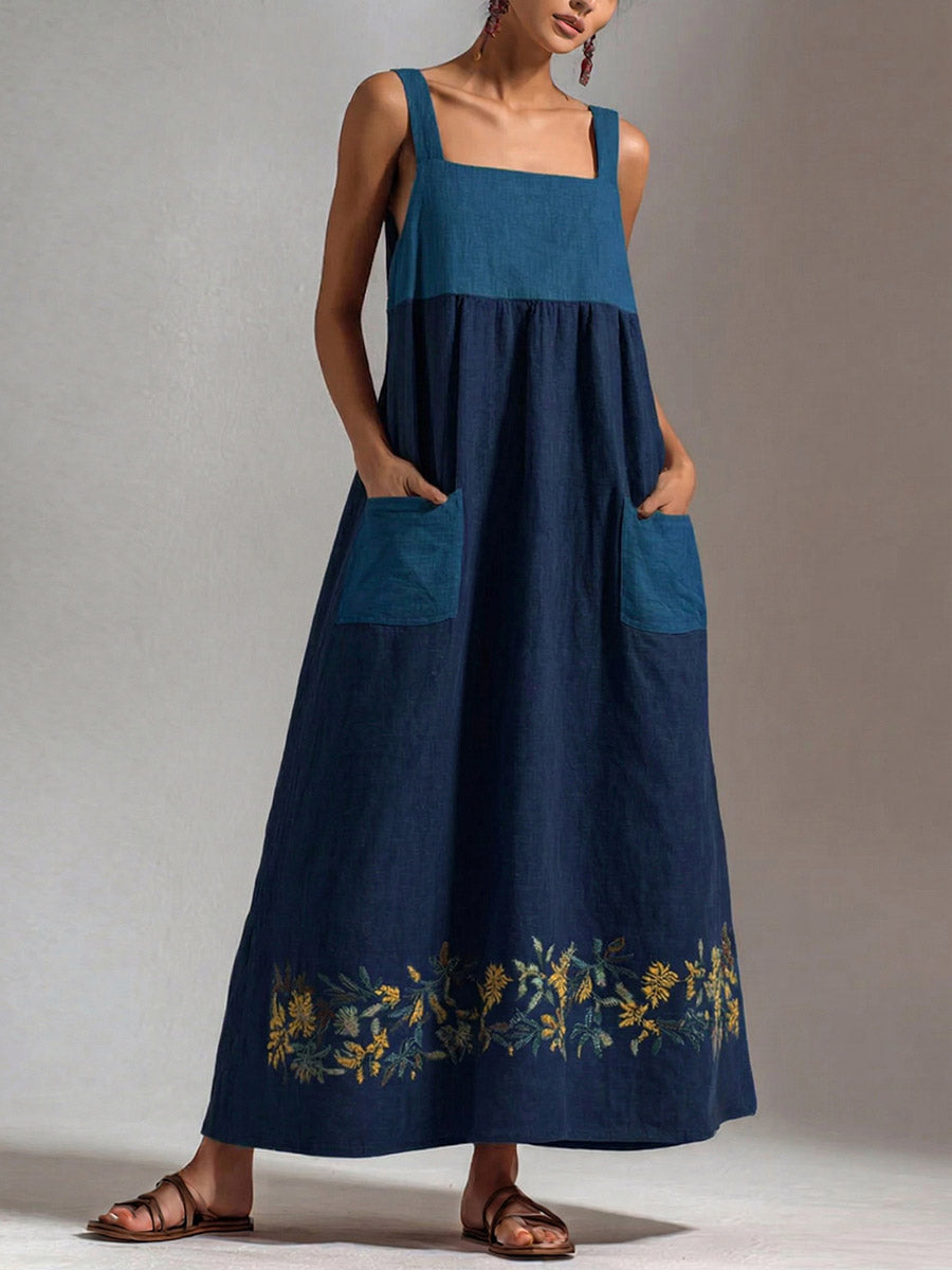 Women's Casual Loose-fit Sleeveless Flow Dress With Square Neck And Contrast Trim