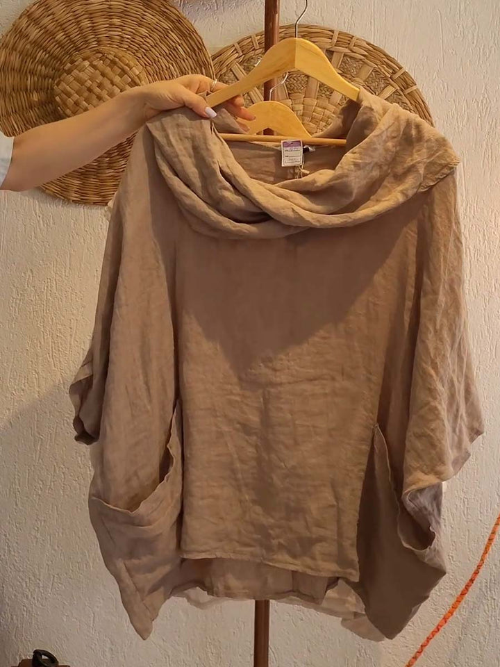 Women's Solid Color Draped Neck 3/4 Sleeve Comfortable Casual Breeze Pocket Top