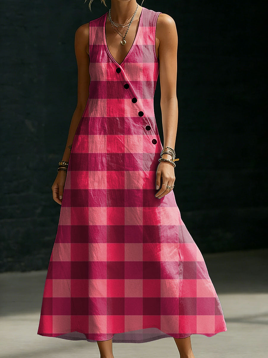 Women's Classic Plaid Pattern Casual V Neck Collar No Sleeve Dress