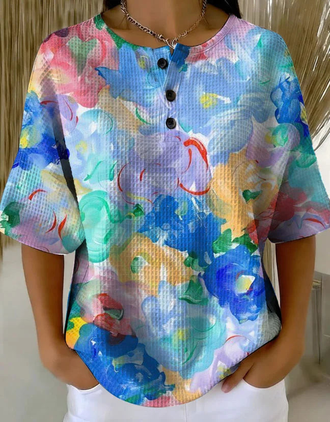 Women's Retro Multicolor Gradient Patchwork Abstraction Patterns Art Print Casual Waffle Shirt