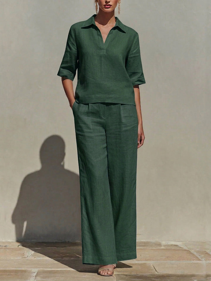 Women's Solid-color Ease Set: V-neck Short-sleeve Loose-fit Top And High-waisted Wide-leg Pants