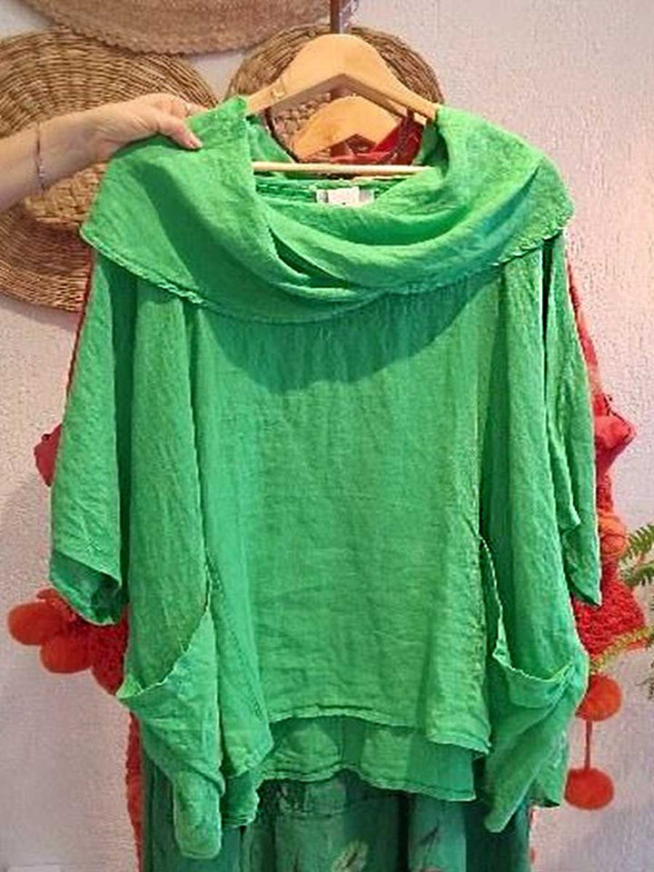 Women's Solid Color Draped Neck 3/4 Sleeve Comfortable Casual Breeze Pocket Top