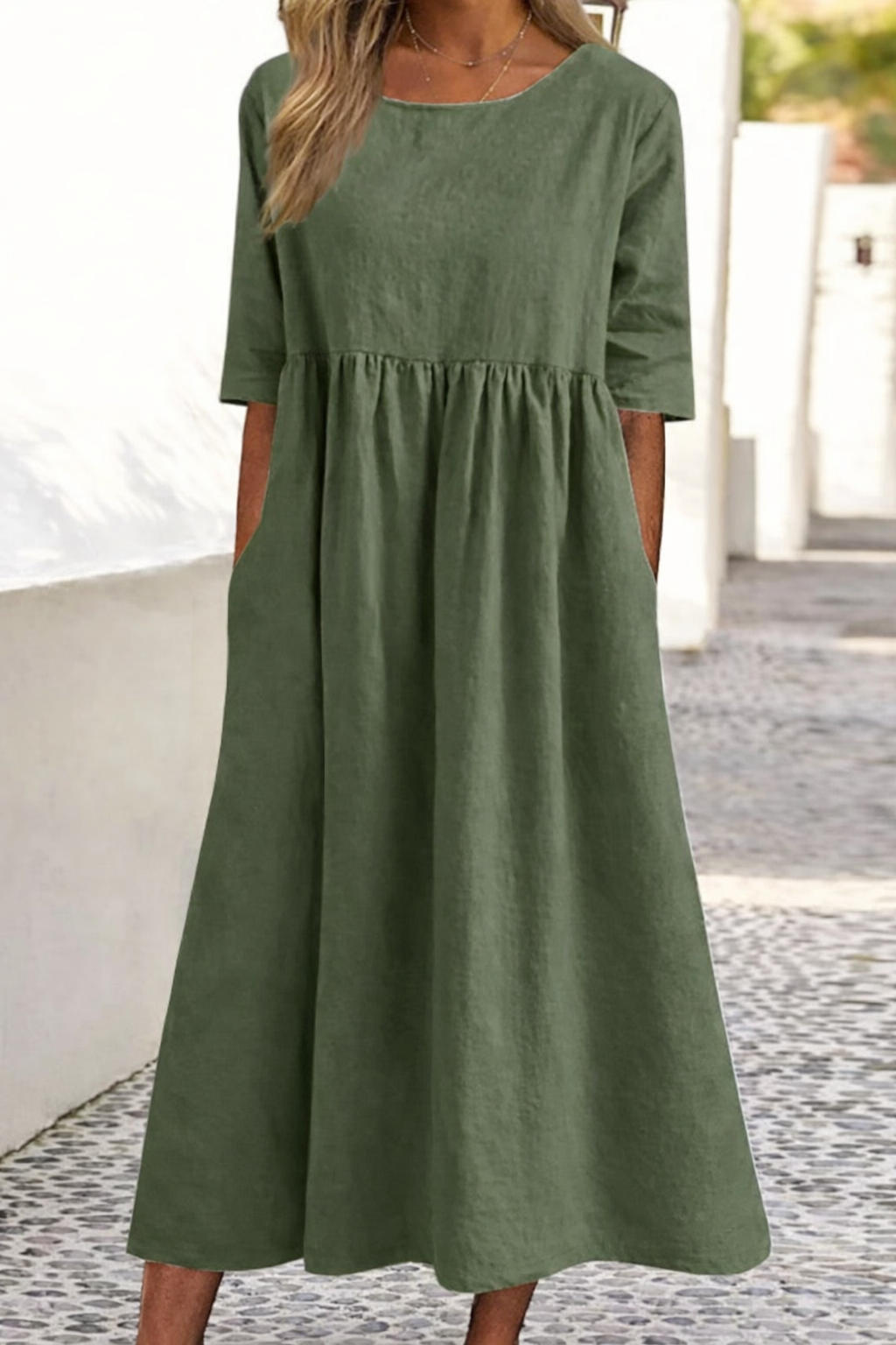 Ease Casual Short Sleeve Pocket Pleated Loose Round Neck Dress