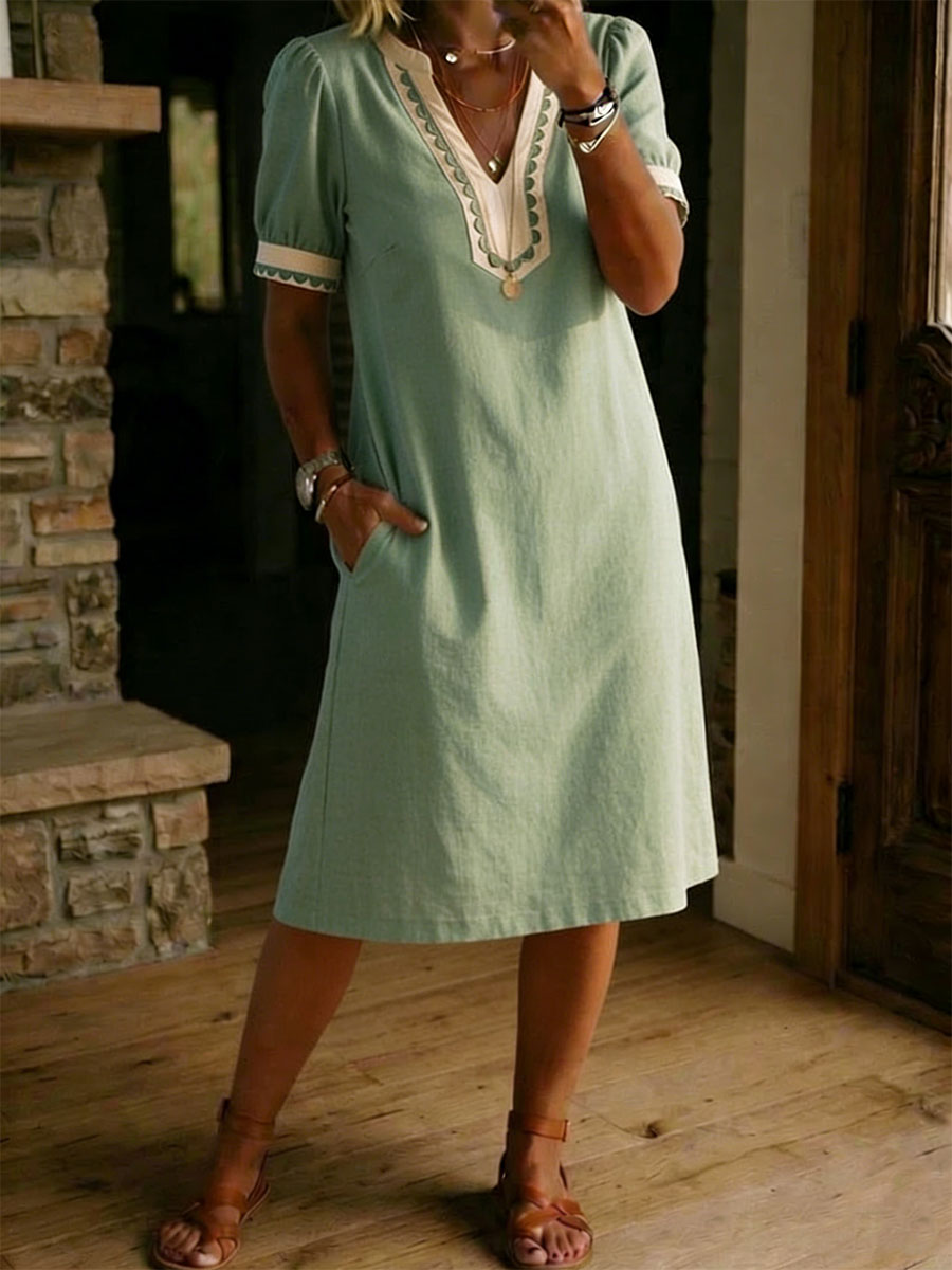 Casual Loose-fitting Patchwork Lace Trim Breeze Short-sleeved Dress