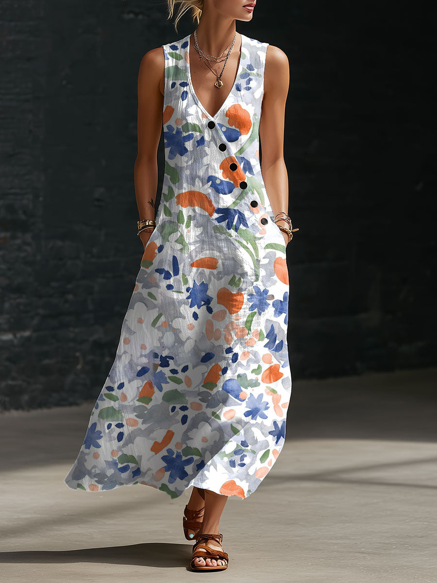Women's Floral Print Button-down V-neck Casual Dress