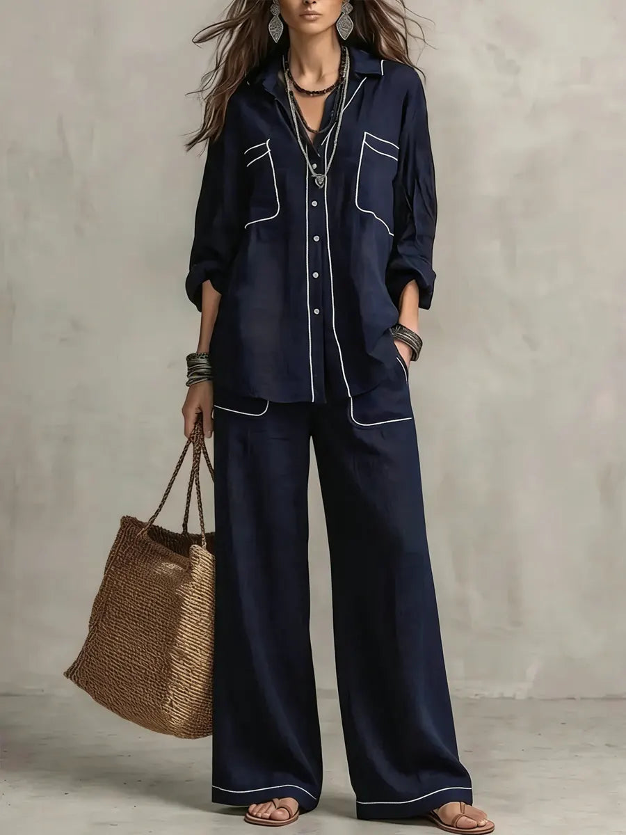 Women's Decorative Line Casual Drift Wide-leg Pants Set