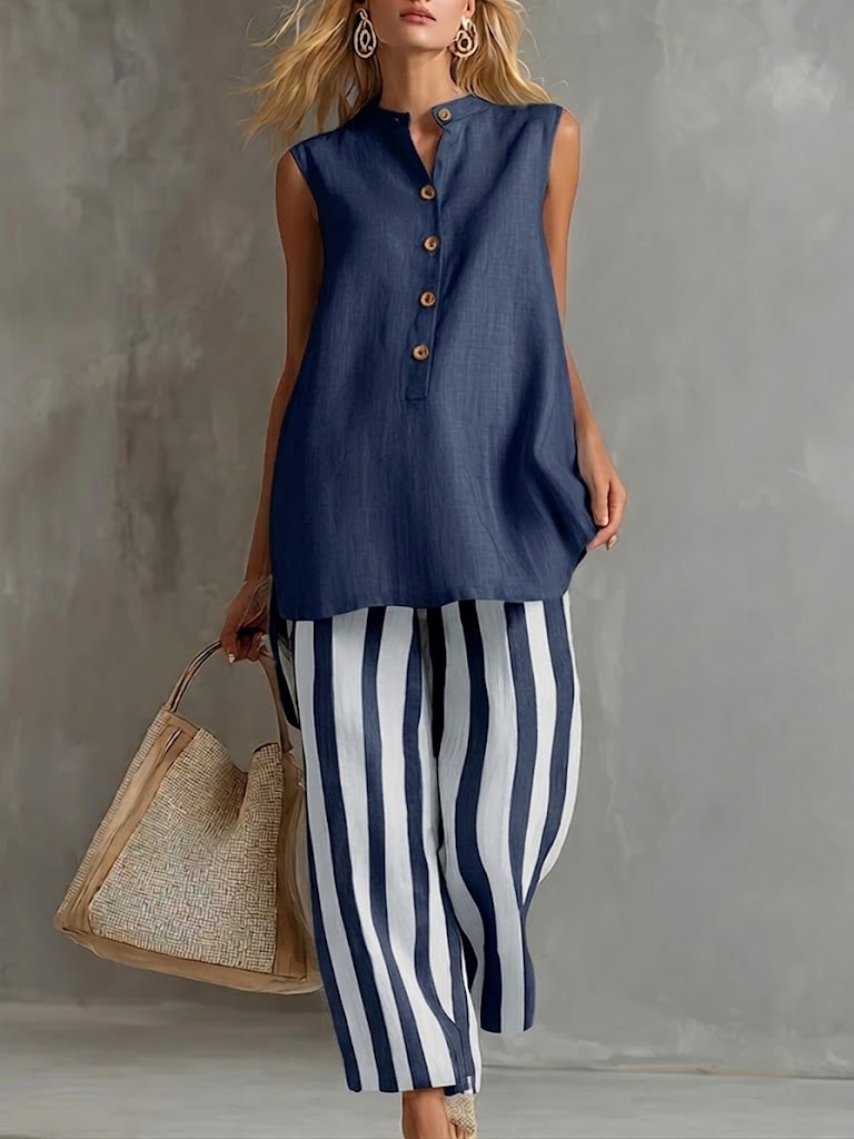 Casual Sleeveless blend Top And Striped Pants Two-piece Set