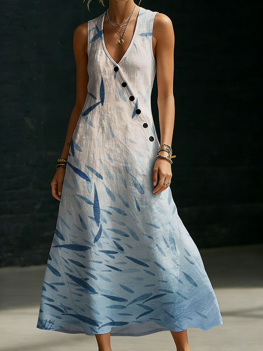 Women's Ocean Fish Decorative Pattern Casual V Neck Collar No Sleeve Dress