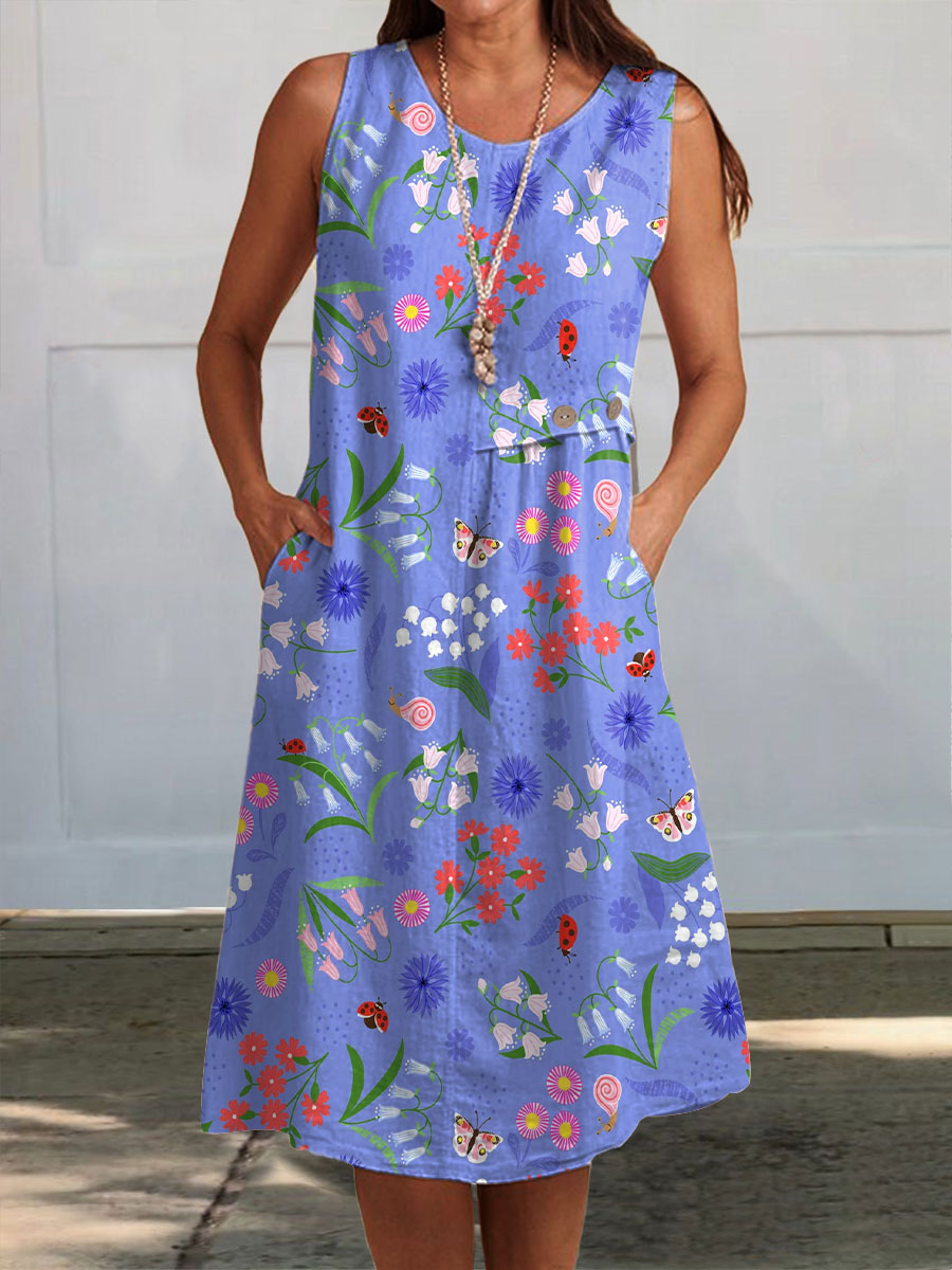 Women's Colorful Flower Art Print V-Neck Sleeveless Pocket Wrap Dress