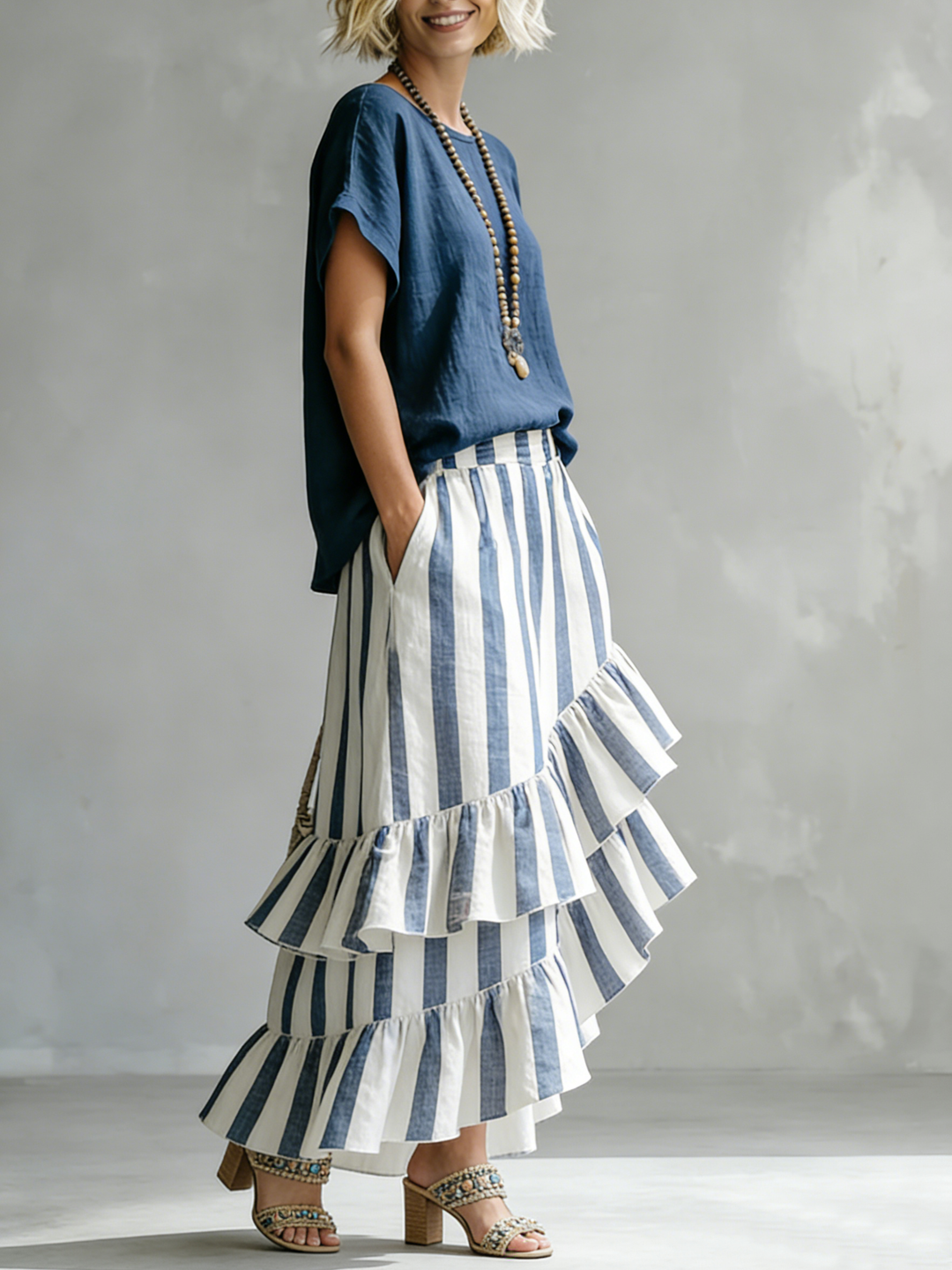 Romantic Striped Top And Ruffled Skirt Flow Two-piece Set