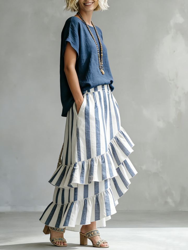 Romantic Striped Top And Ruffled Skirt Flow Two-piece Set