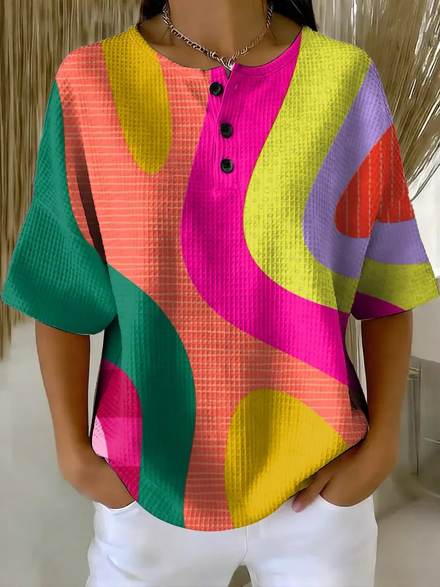 Women's Abstract Pattern Art Print Casual Waffle Shirt
