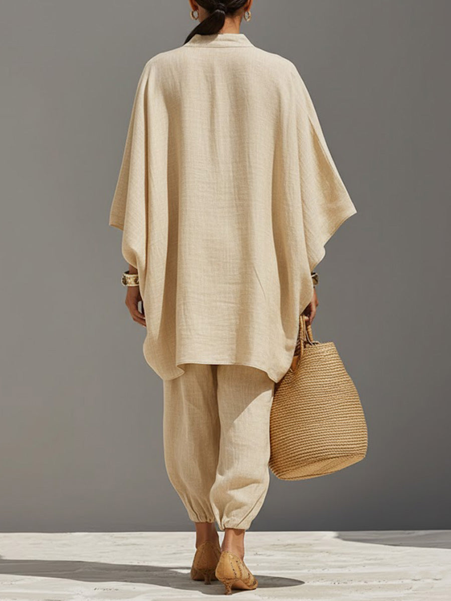 Women's Solid Color V-neck Long Sleeve Casual Loose Flow Top With Elastic Waist And Wide-leg Pants Set