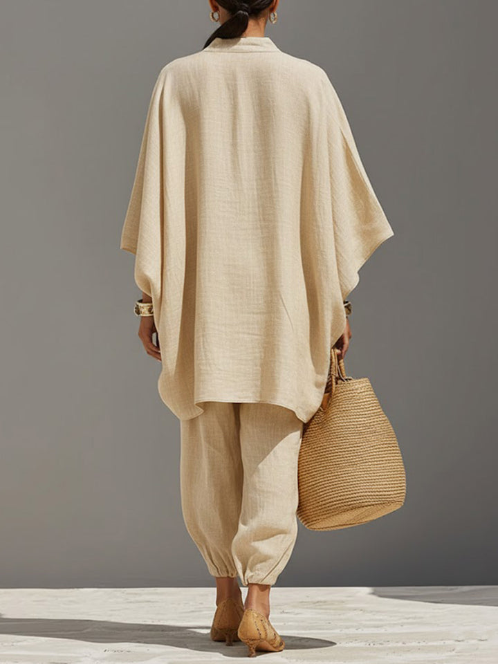 Women's Solid Color V-neck Long Sleeve Casual Loose Flow Top With Elastic Waist And Wide-leg Pants Set
