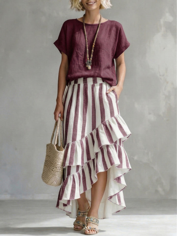 Romantic Striped Top And Ruffled Skirt Flow Two-piece Set