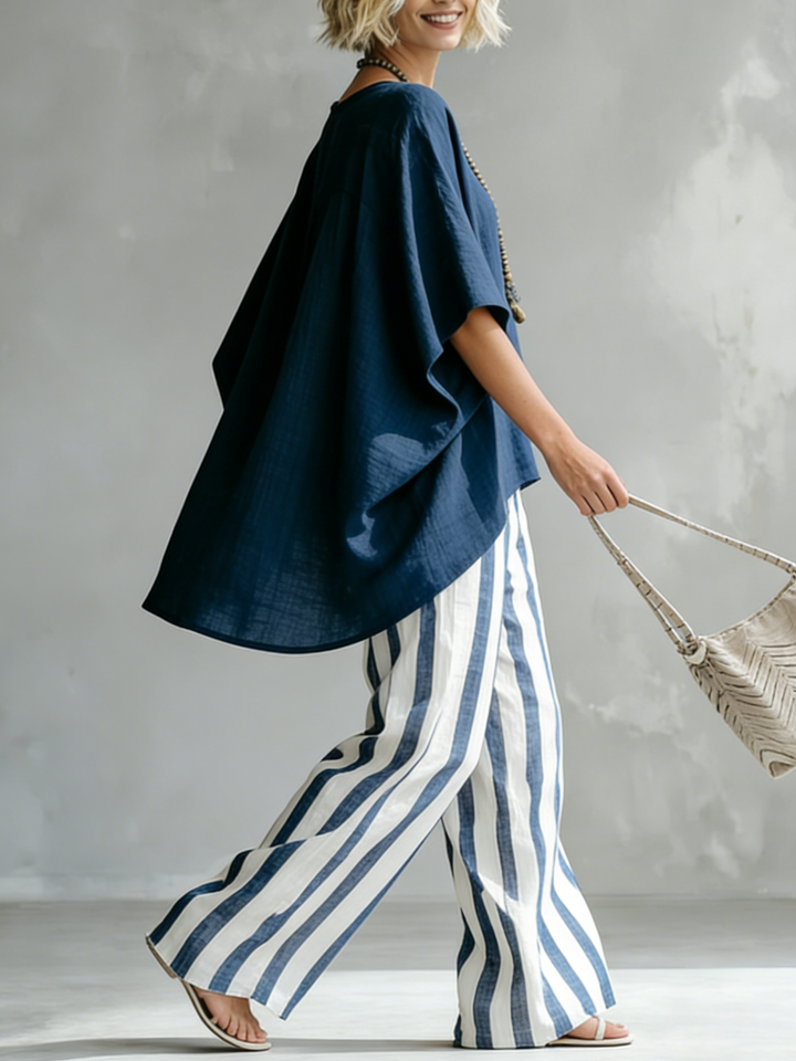 Classic Striped Batwing-sleeve Loose-fit blend Two-piece Set
