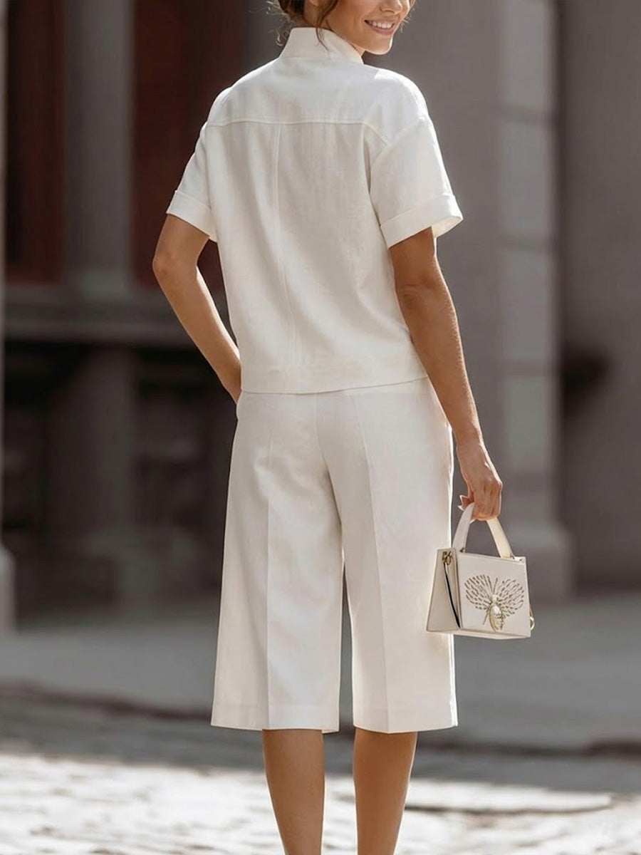 Women's V-neck Short-sleeved Casual Loose Drift Top And High-waisted Casual Loose Wide-leg Pants Drift Set