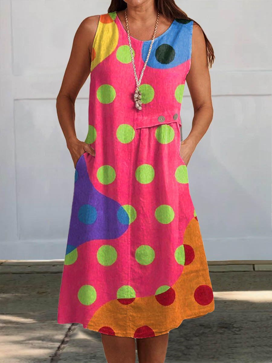 Women's Abstract Dot Pattern Art Print Sleeveless Pocket Wrap Dress
