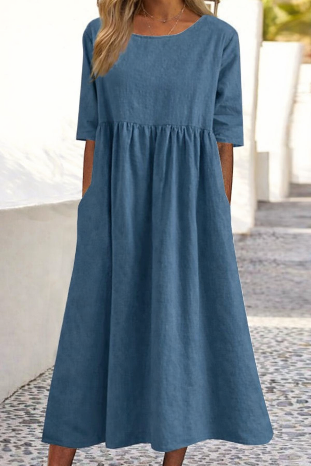 Ease Casual Short Sleeve Pocket Pleated Loose Round Neck Dress