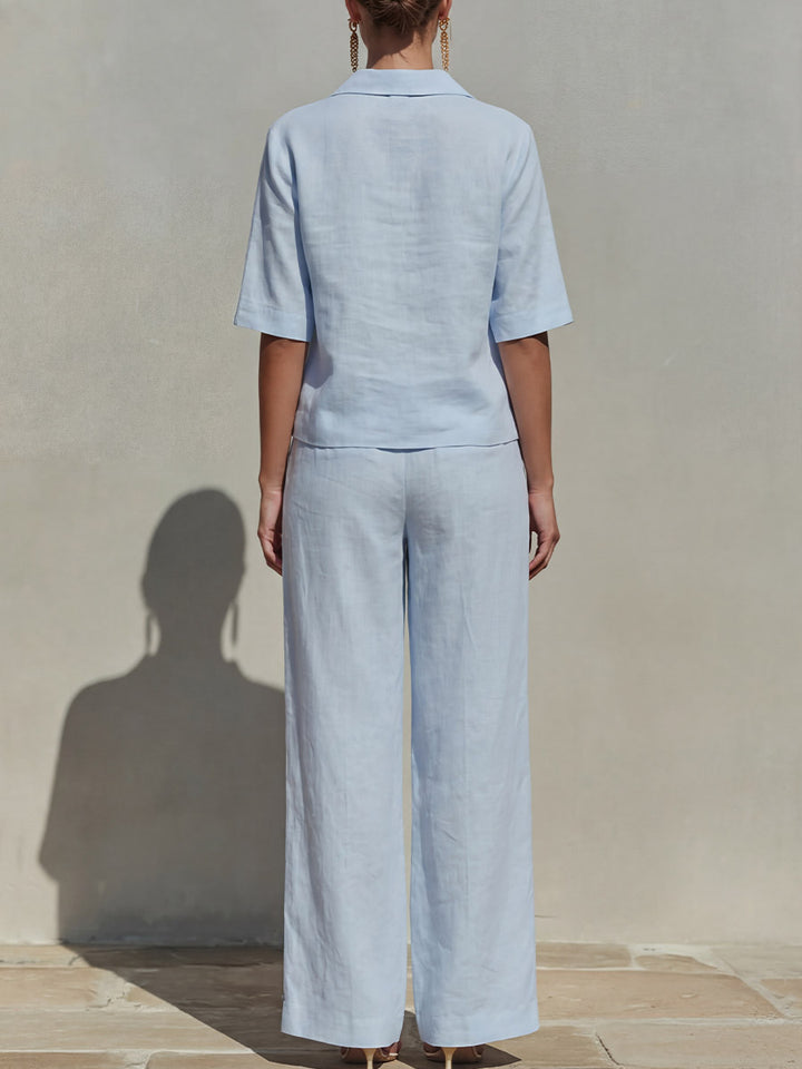 Women's Solid-color Ease Set: V-neck Short-sleeve Loose-fit Top And High-waisted Wide-leg Pants