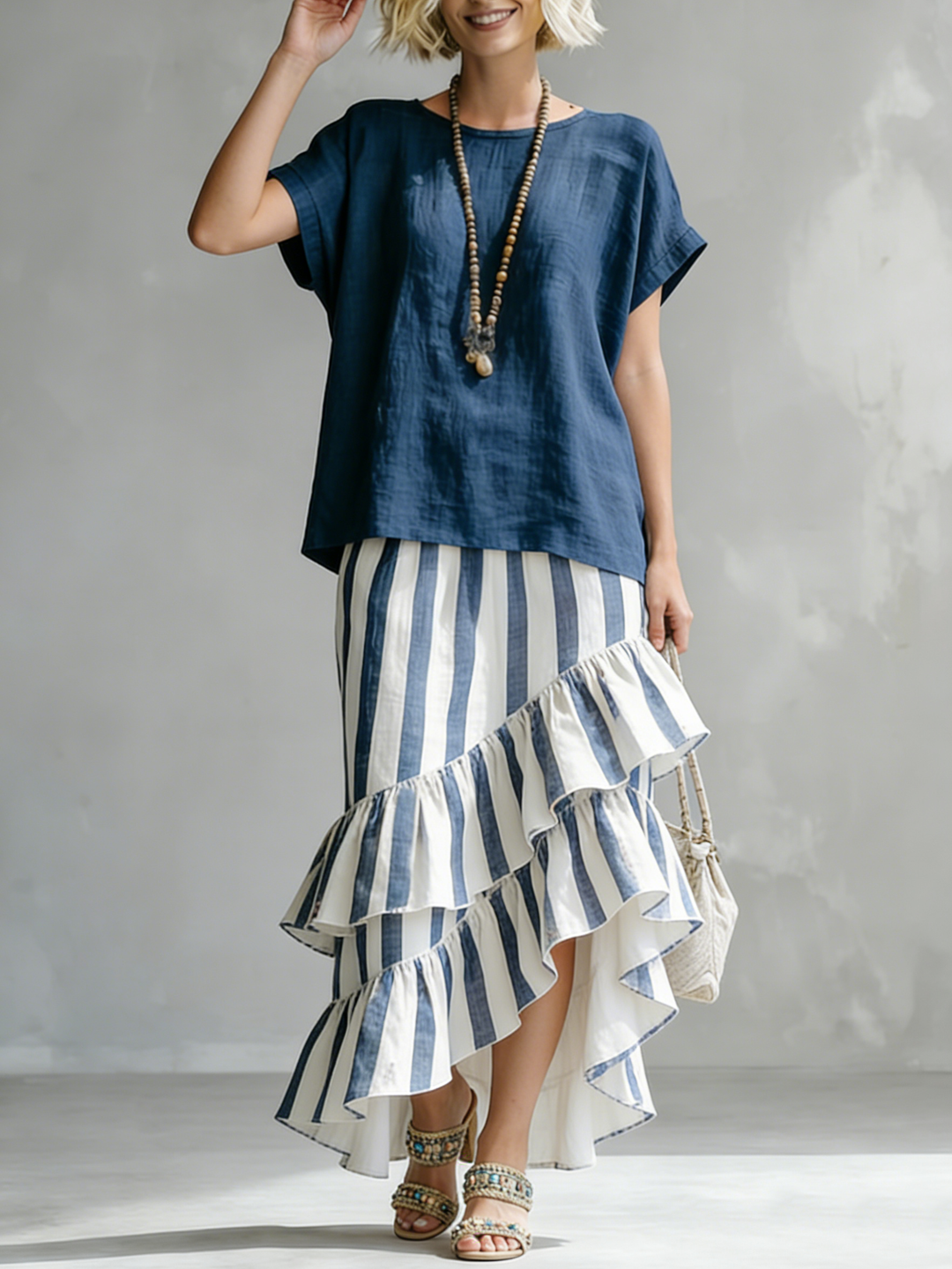 Romantic Striped Top And Ruffled Skirt Flow Two-piece Set