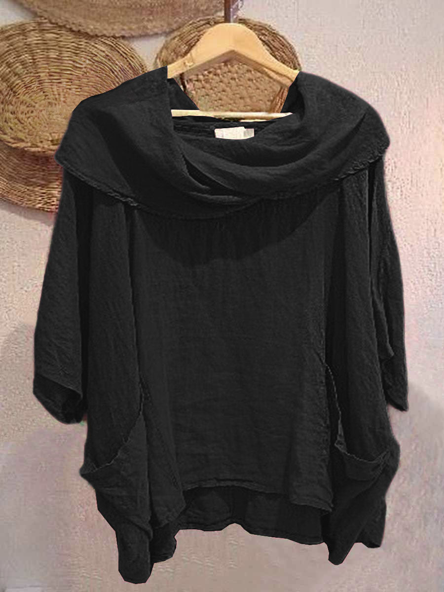 Women's Solid Color Draped Neck 3/4 Sleeve Comfortable Casual Breeze Pocket Top