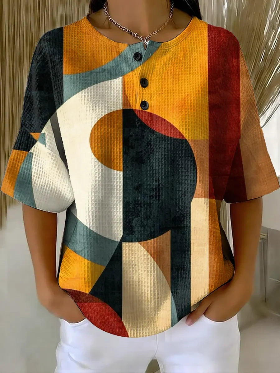 Women's Geometric Pattern Art Print Casual Waffle Shirt