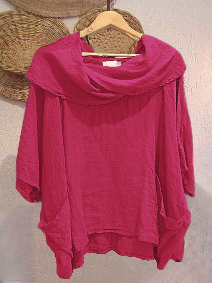 Women's Solid Color Draped Neck 3/4 Sleeve Comfortable Casual Breeze Pocket Top
