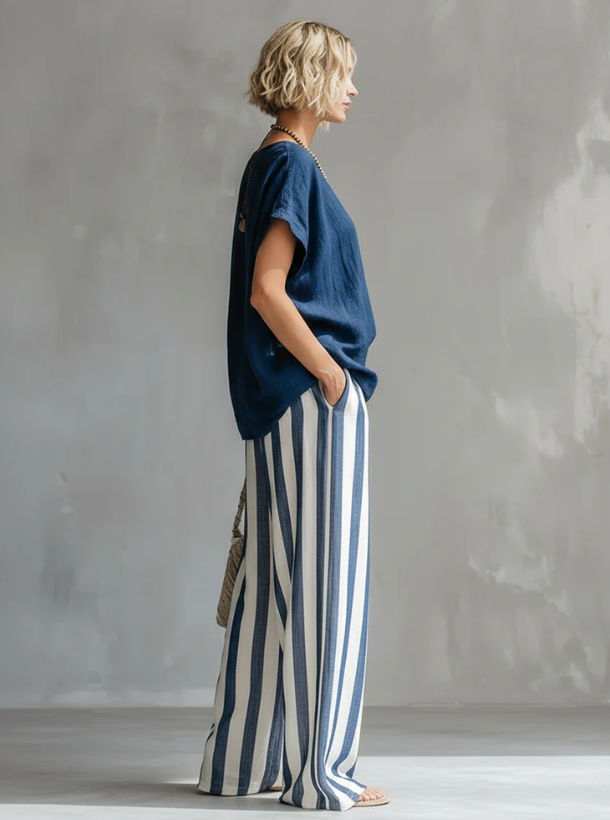 Cozy Loose-fit Striped blend Two-piece Set