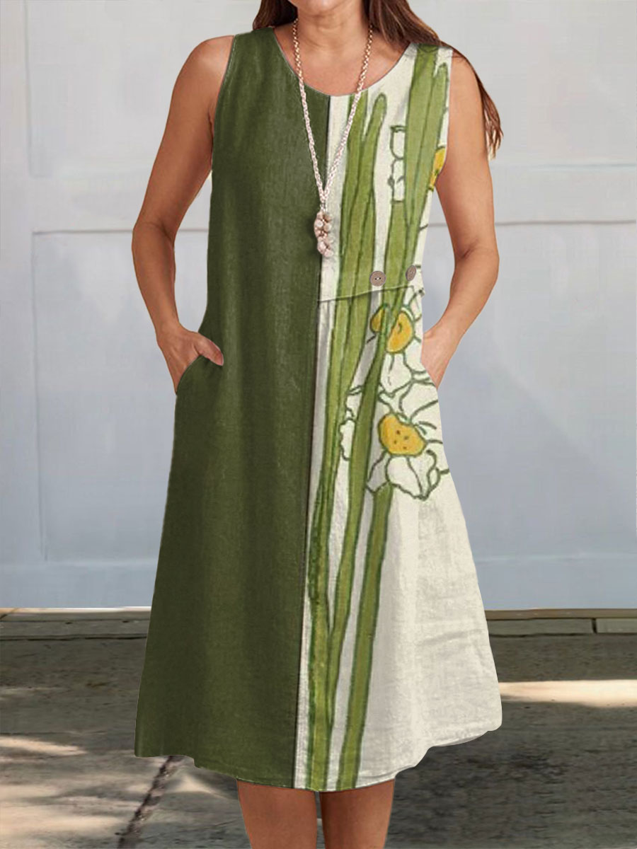 Women's Vintage Abstract Geometric Art Print V-Neck Sleeveless Pocket Wrap Dress