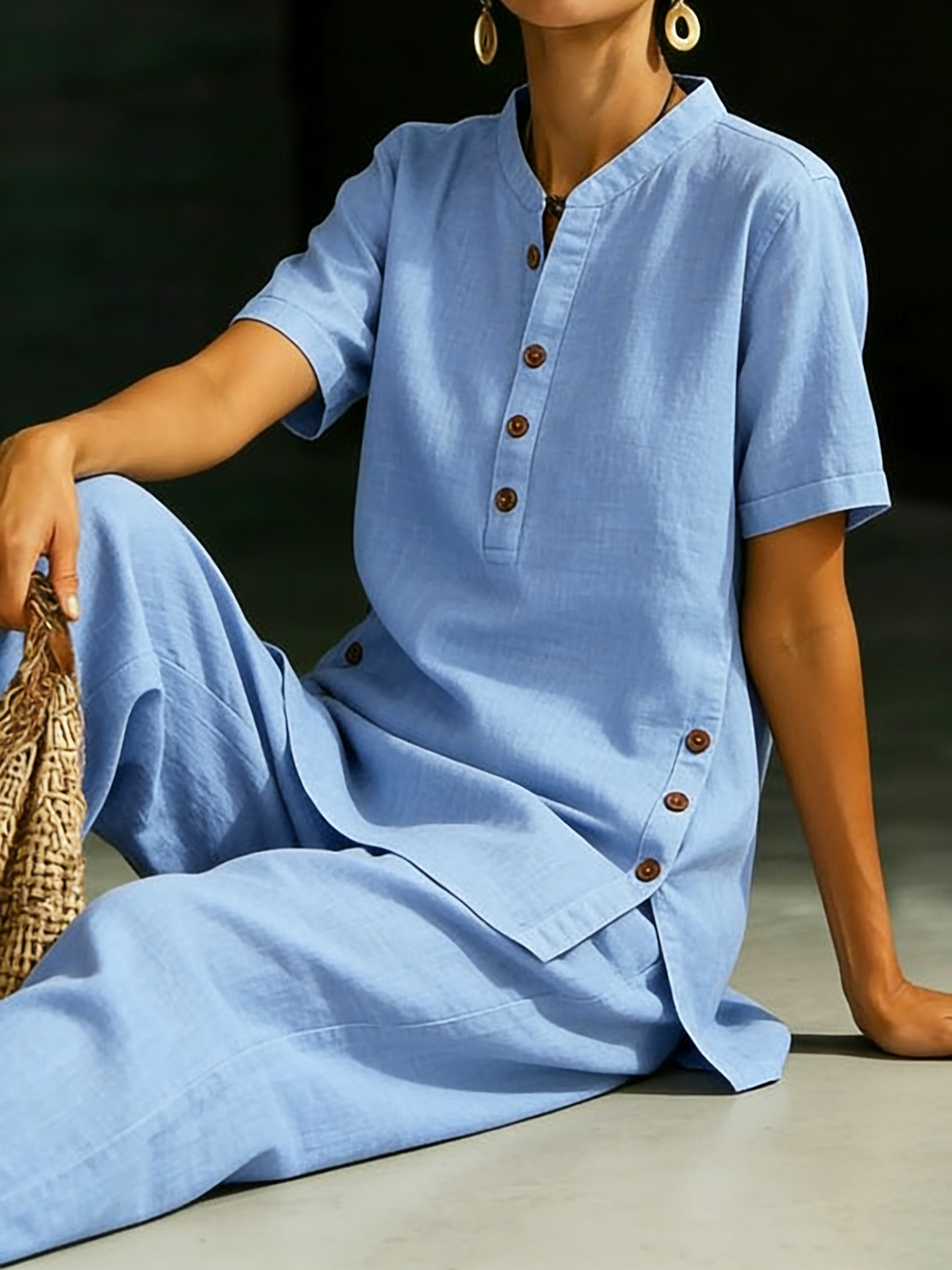Cozy Casual Button Shirt And Wide-leg Pants Drift Two-piece Set