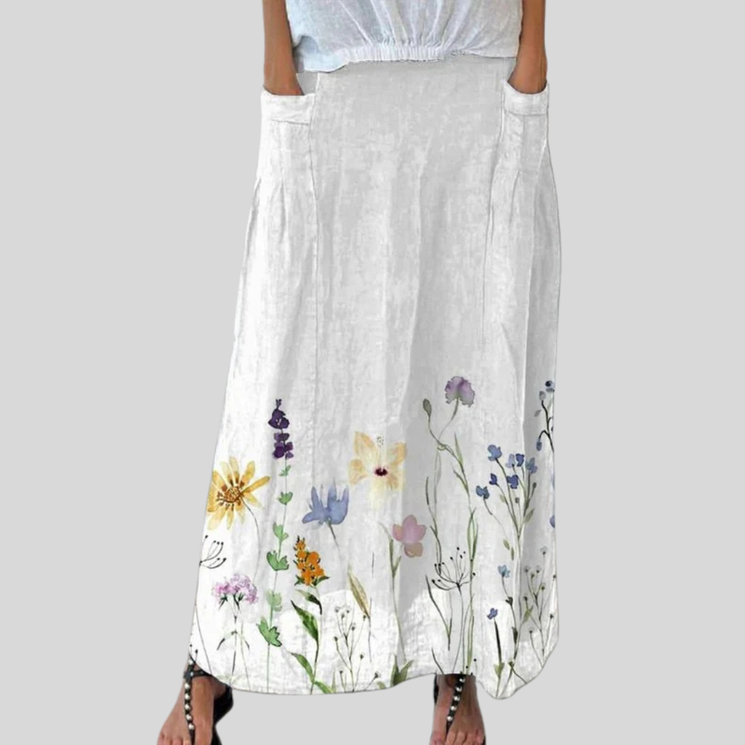 Watercolor Spring Meadows Art Printed Women's Breeze Elastic waistband Pocket Skirt