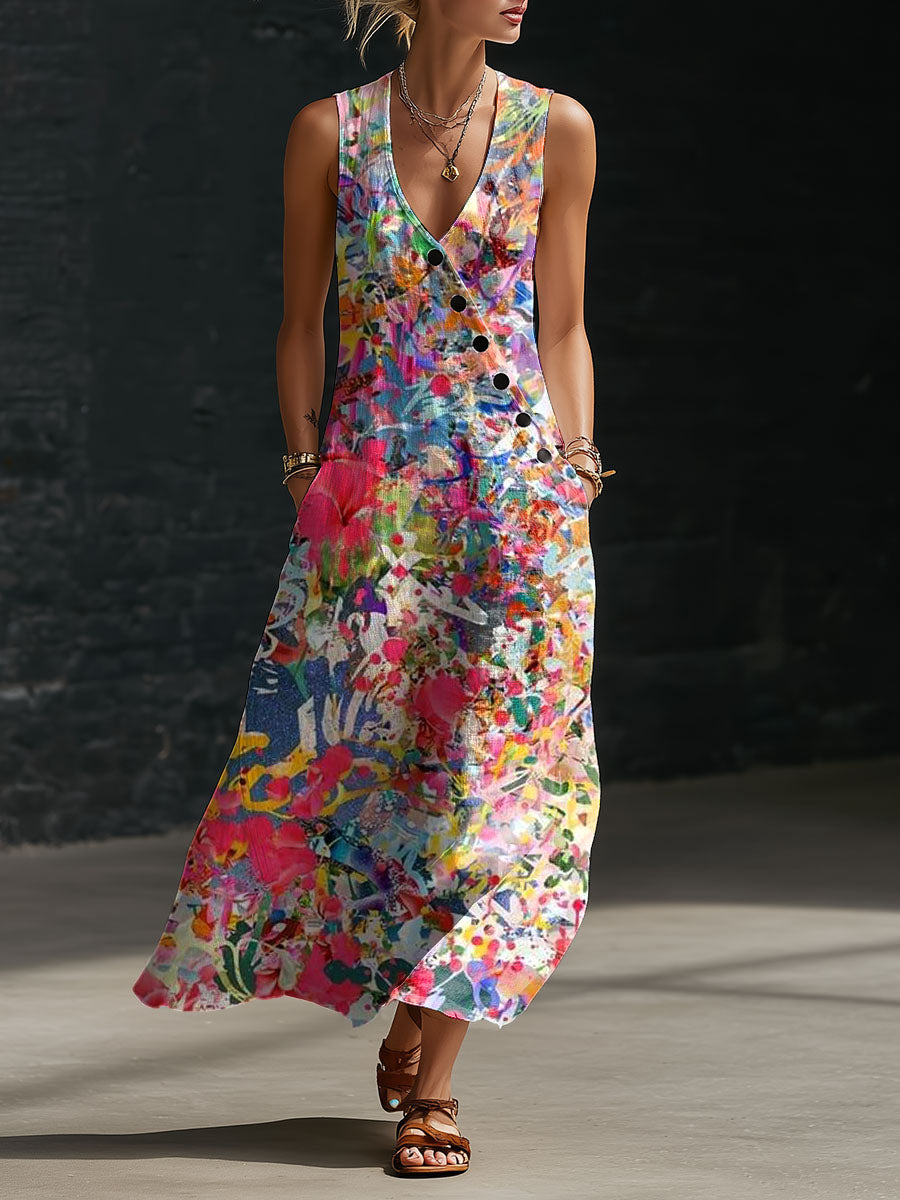 Women's Floral Print Button-down V-neck Casual Dress