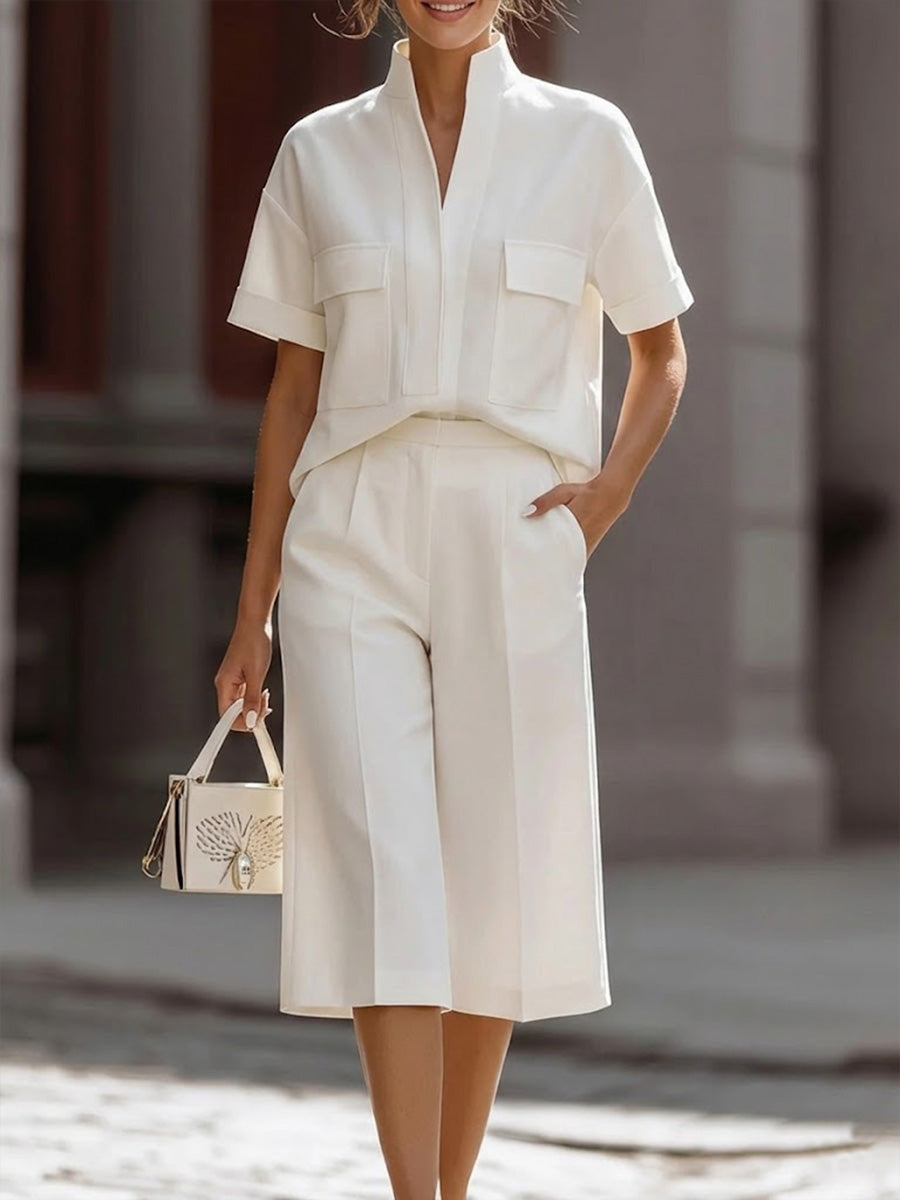 Women's V-neck Short-sleeved Casual Loose Drift Top And High-waisted Casual Loose Wide-leg Pants Drift Set