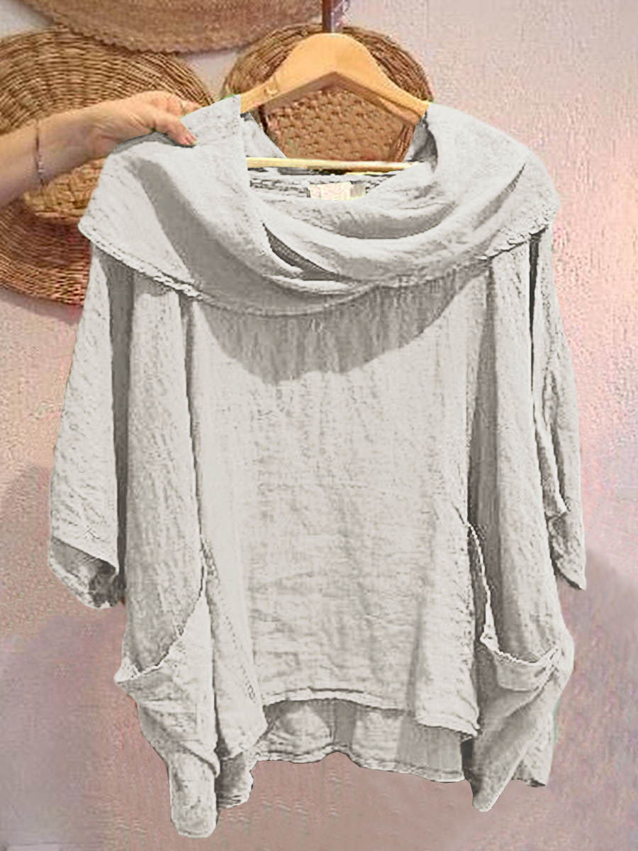 Women's Solid Color Draped Neck 3/4 Sleeve Comfortable Casual Breeze Pocket Top