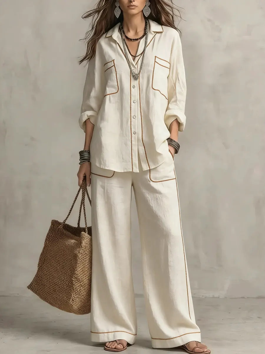 Women's Decorative Line Casual Drift Wide-leg Pants Set