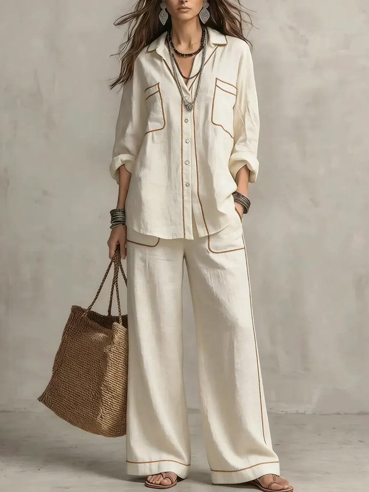 Women's Decorative Line Casual Drift Wide-leg Pants Set