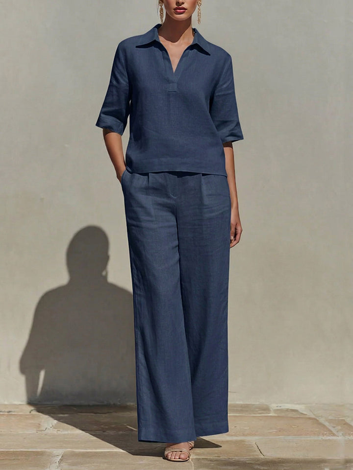 Women's Solid-color Ease Set: V-neck Short-sleeve Loose-fit Top And High-waisted Wide-leg Pants