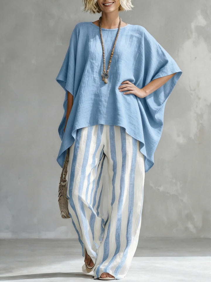 Classic Striped Batwing-sleeve Loose-fit blend Two-piece Set