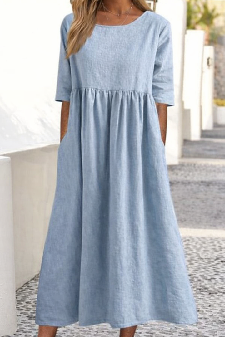 Ease Casual Short Sleeve Pocket Pleated Loose Round Neck Dress