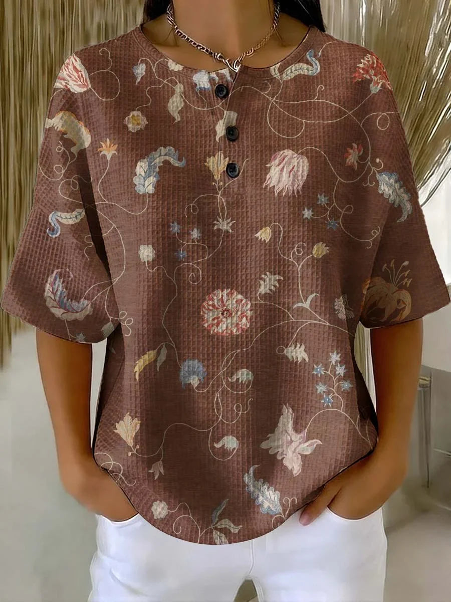 Women's Flower Art Print Casual Waffle Shirt