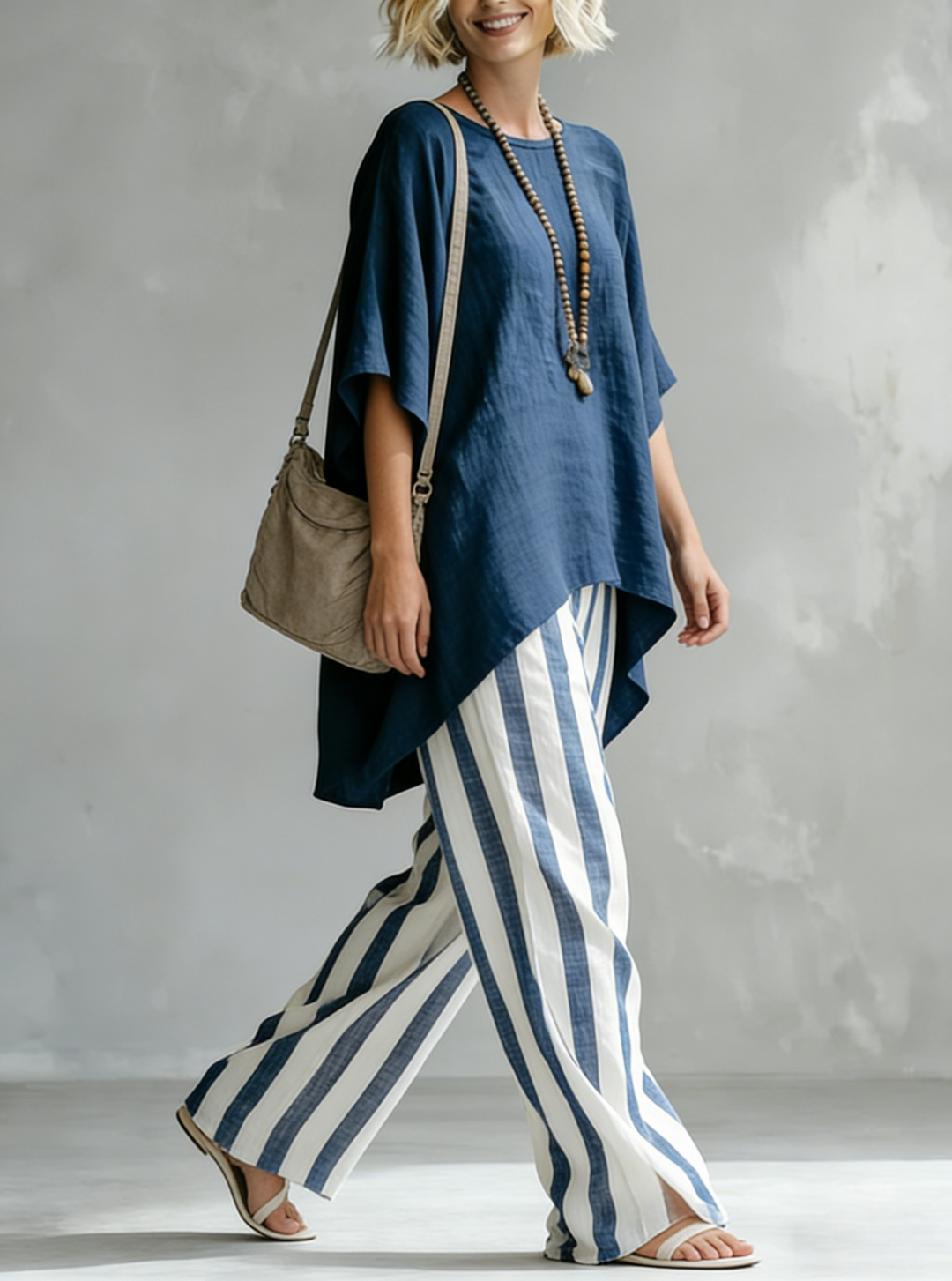 Classic Striped Batwing-sleeve Loose-fit blend Two-piece Set
