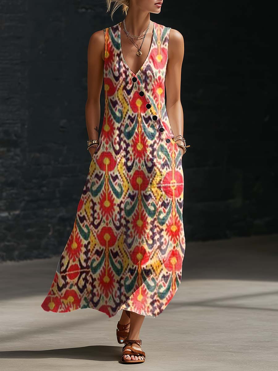 Women's Floral Print Button-down V-neck Casual Dress