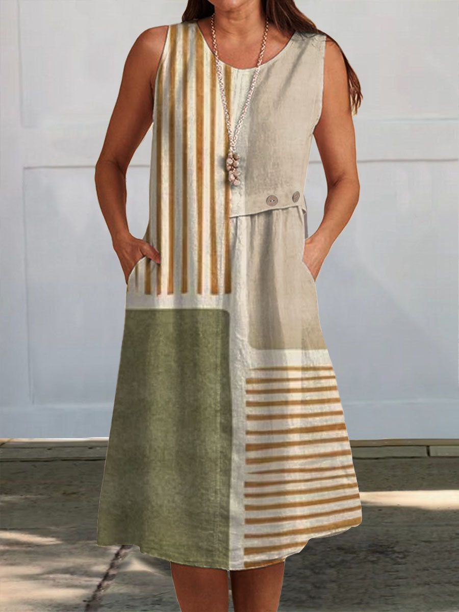 Women's Abstract Geometric Line Pattern Art Print Sleeveless Pocket Wrap Dress