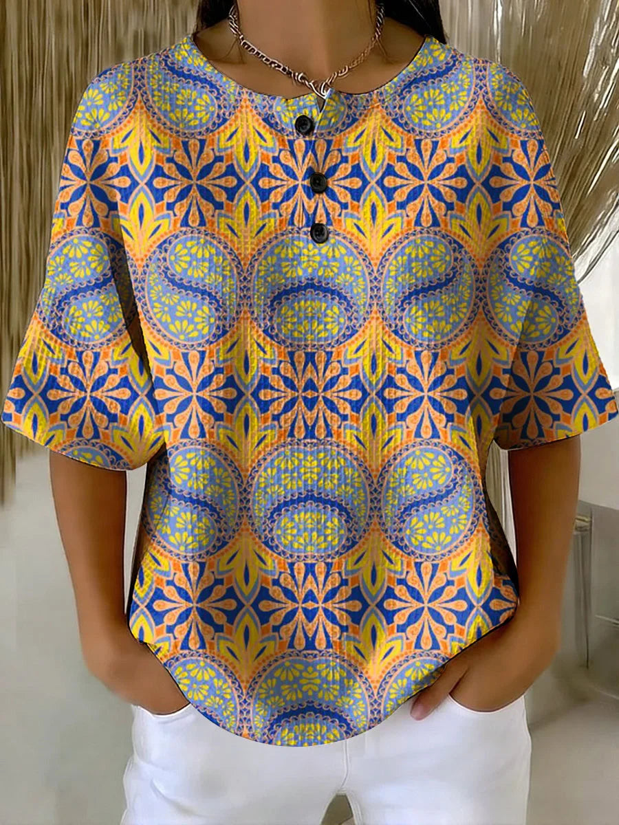 Women's Flower Art Print Casual Waffle Shirt