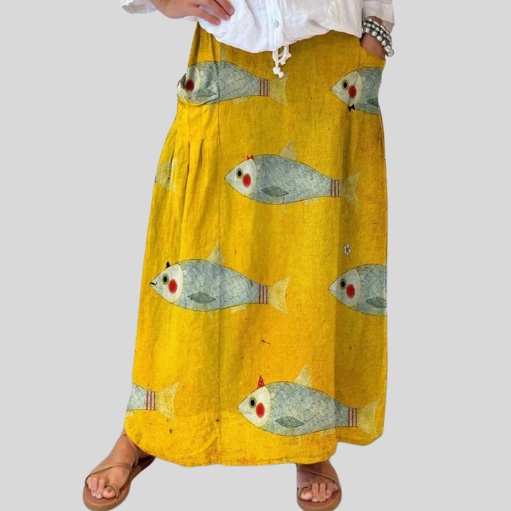 Women's Vintage Fish Art Print Ease Pocket Skirt
