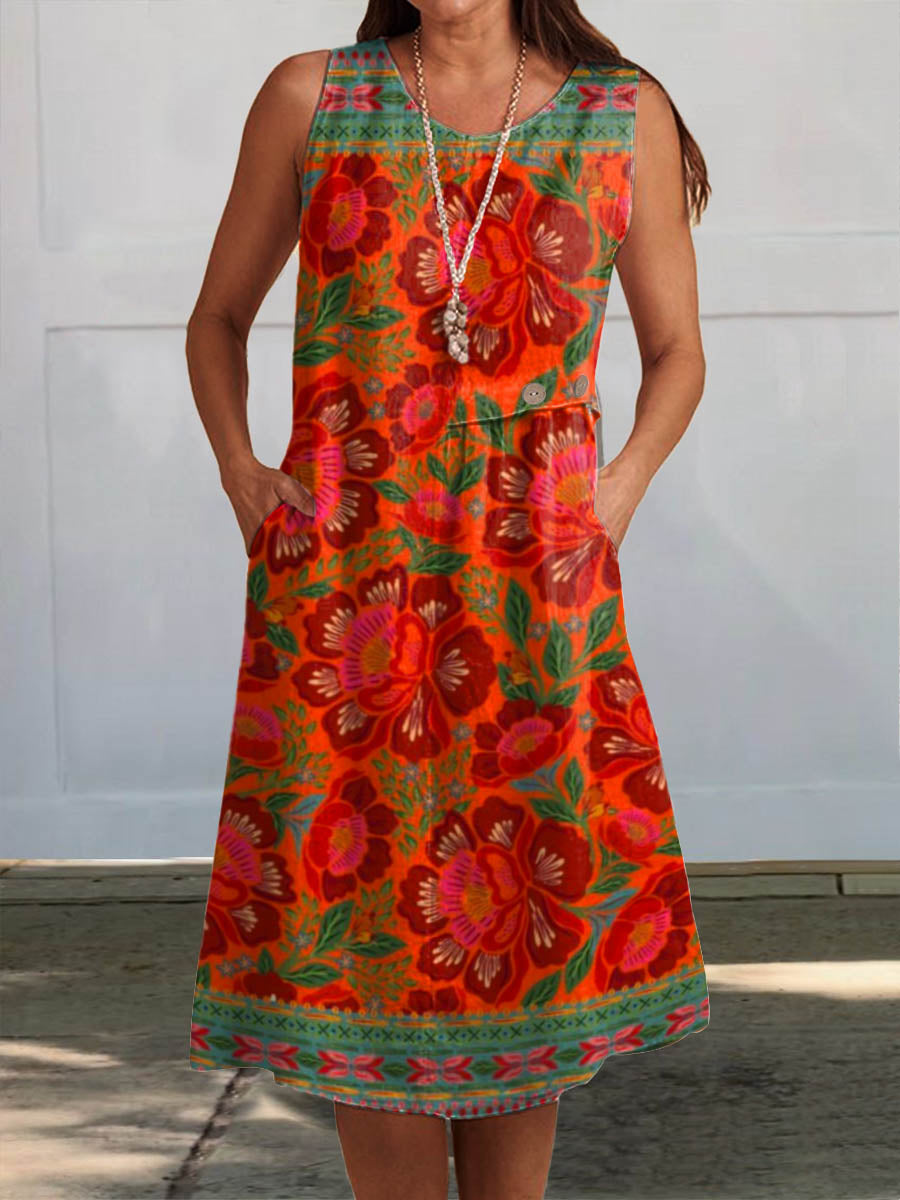Women's Vintage Floral Art Print Sleeveless Pocket Wrap Dress