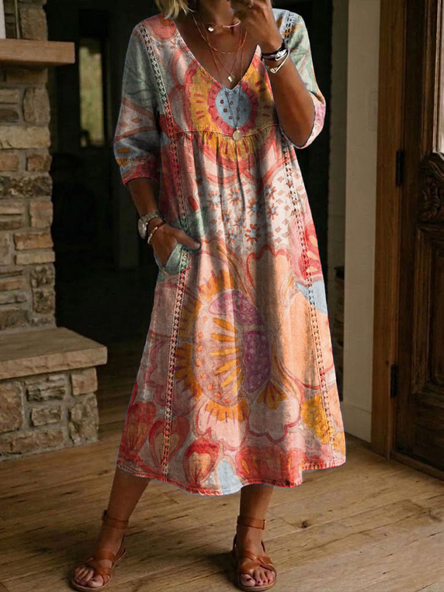 Women's Flower Print Casual Loose-fit Ease Dress With Lace Trim And Paneling