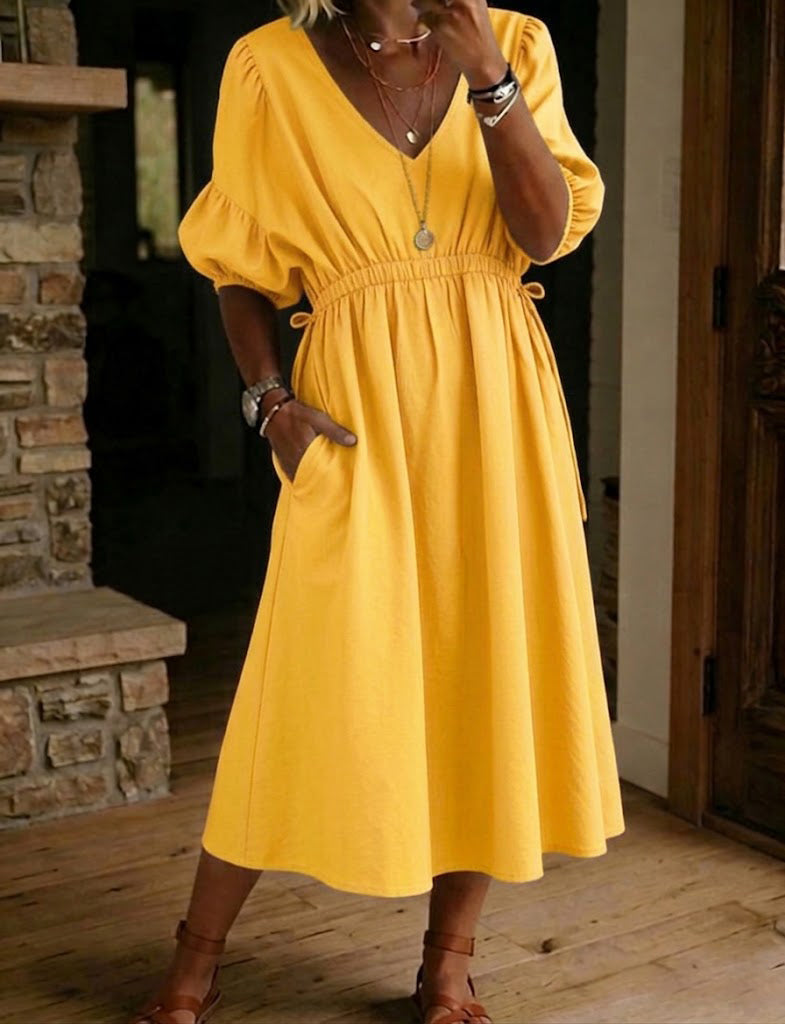 Retro-chic & Relaxed Style: V-neck, Puff-sleeve, Drift Midi Dress