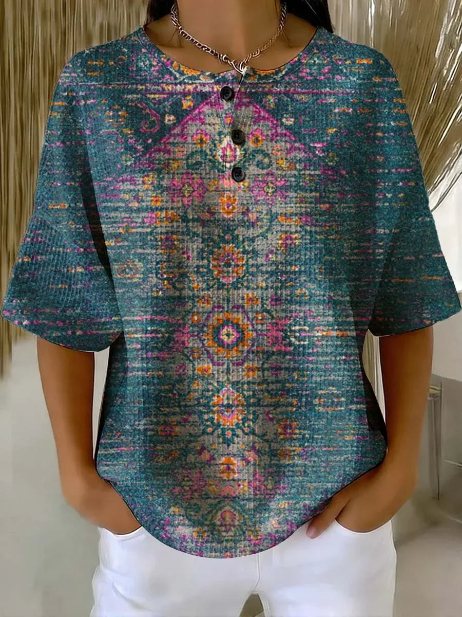 Women's Vintage Floral Art Print Casual Waffle Shirt